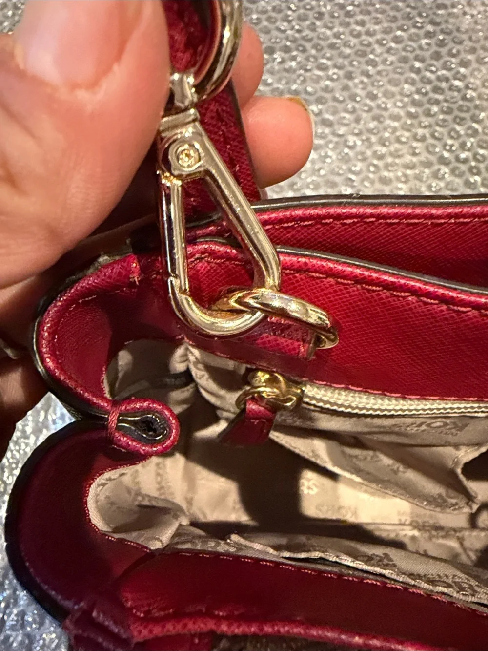 Michael Kors Brown & Red Logo Satchel with Gold Hardware